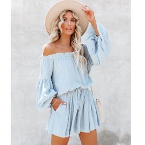 Vici Lowell Cotton Pocketed Off The Shoulder Dress - Sage Blue